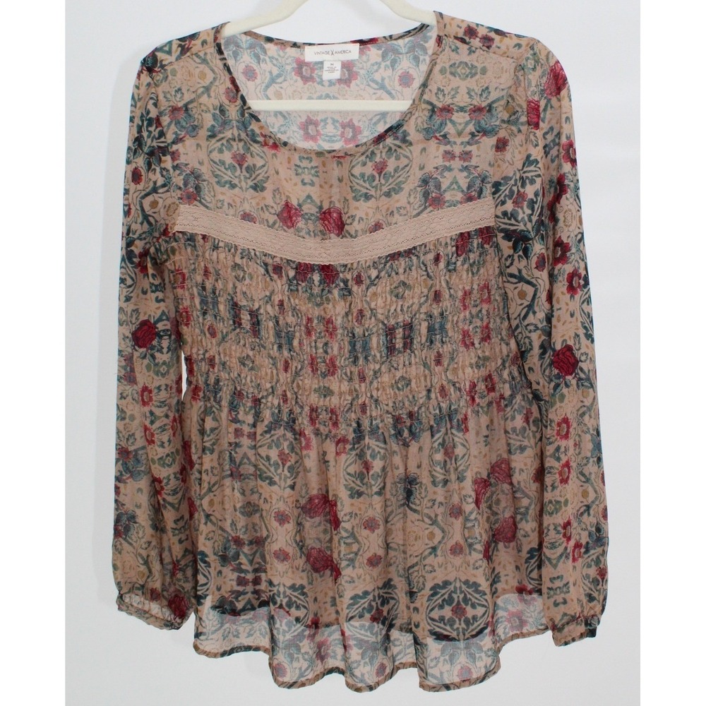 Vintage X America $76 Medium Earth Tone Floral‎ Long Sleeve Peasant Boho Blouse